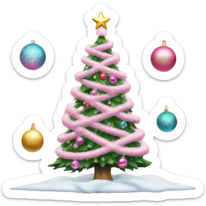 Christmas tree with snow on it and pink bows and disco ornaments and pink ornaments on the Christmas tree sticker