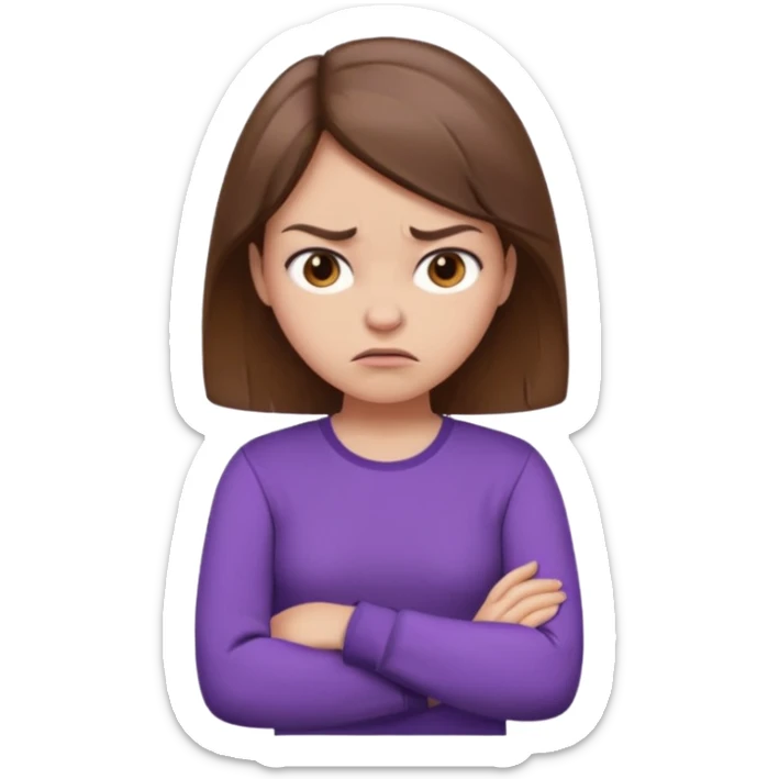 Angry Pouty girl with squinted eyes folding arms in a purple longsleeve shirt she has fair skin and brown hair sticker