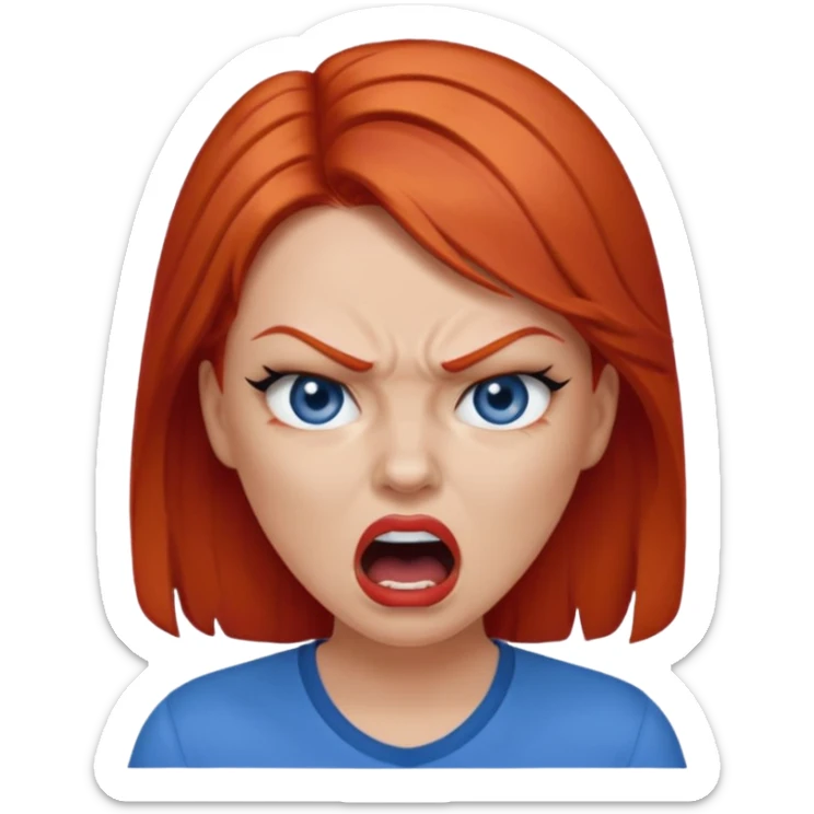 mujer pelirroja con los ojos y los labios maquillados enojada gritando con remera azul sticker