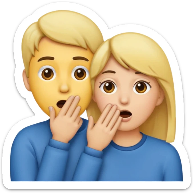 Emoji of two people, one whispering into the other’s ear with a hand covering their mouth. Surprised reaction. Simple emoji style, flat design, bright colors, thick outlines. sticker