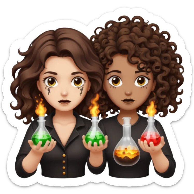 alchemy accident — long wavy brown hair tattooed woman and short tight curly brown hair woman — potion explosion soot faces sticker