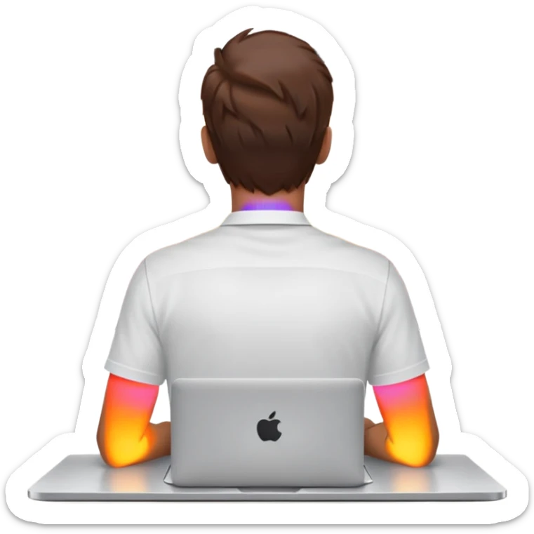 A man seen from behind, with detailed, well-lit hair. He is sitting in front of an open MacBook on a desk. On the MacBook screen, the Instagram logo is clearly visible and glowing.  sticker