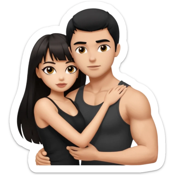 generate a pretty bratz girl in black cami top, dark brown straight long hair with bangs, eyeliner on, 

hugging a handsome muscular boy with black hair and a grey tshirt sticker
