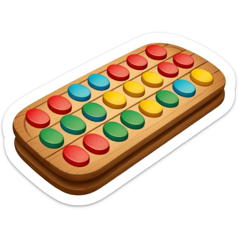 Flat emoji illustration of an African Awalé (mancala) board, wooden board with 12 holes, colorful seeds, simple shapes, bold outlines, cute and playful style, vector look, transparent background” sticker