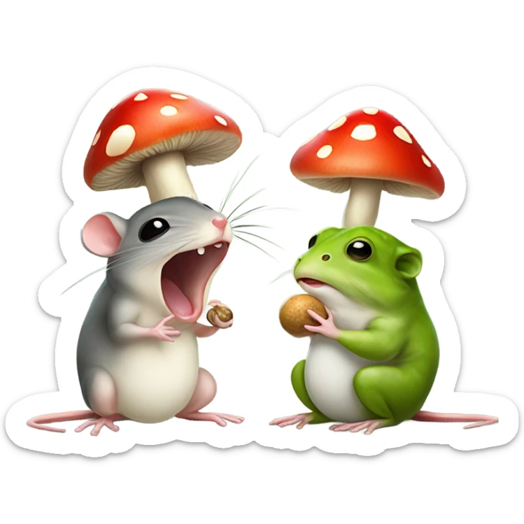 Tiny mouse opening his mouth larger than possible to eat the cap of a mushroom that is also attached to its stem, but the frog doesn't want to eat the stem sticker