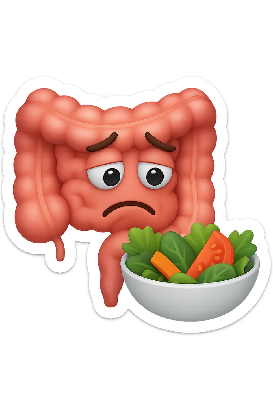 EMOJI STILE IPHONE DI UN INTESTINO UMANO ANATOMICO CHE GUARDA UN INSALATA CON ESPRESSIONE TRISTE E RASSEGNATA IN VOLTO: SOFFRE LA FAME PERCHé è A DIETA, FAGLI ANCHE LA PARTE BIANCA DEGLI OCCHI, NON SOLO LE PUPILLE sticker