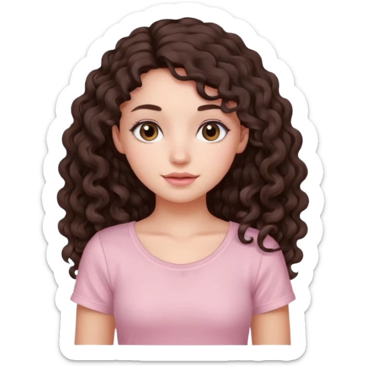 crée moi une jeune fille très belle avec les cheveux bouclés long brune avec un top de couleur rose clair sticker