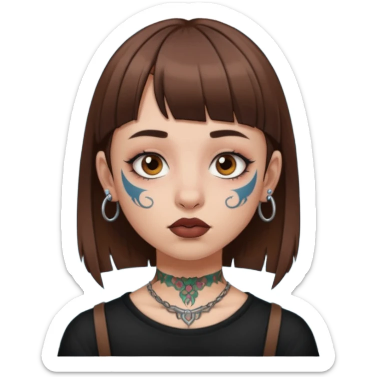 Alternative girl with straight brown hair and micro bangs and a throat tattoo sticker