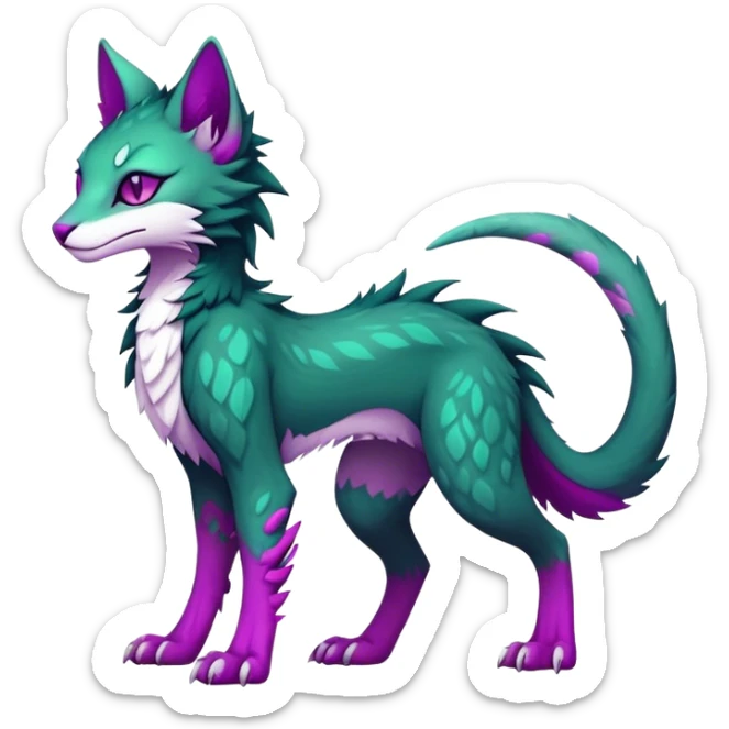 Kawaii dark edgy gloomy dark green ethereal feline-vernid-sergal-fursona animal creature with a tufted tail full body with intricate markings with magenta eyes sticker