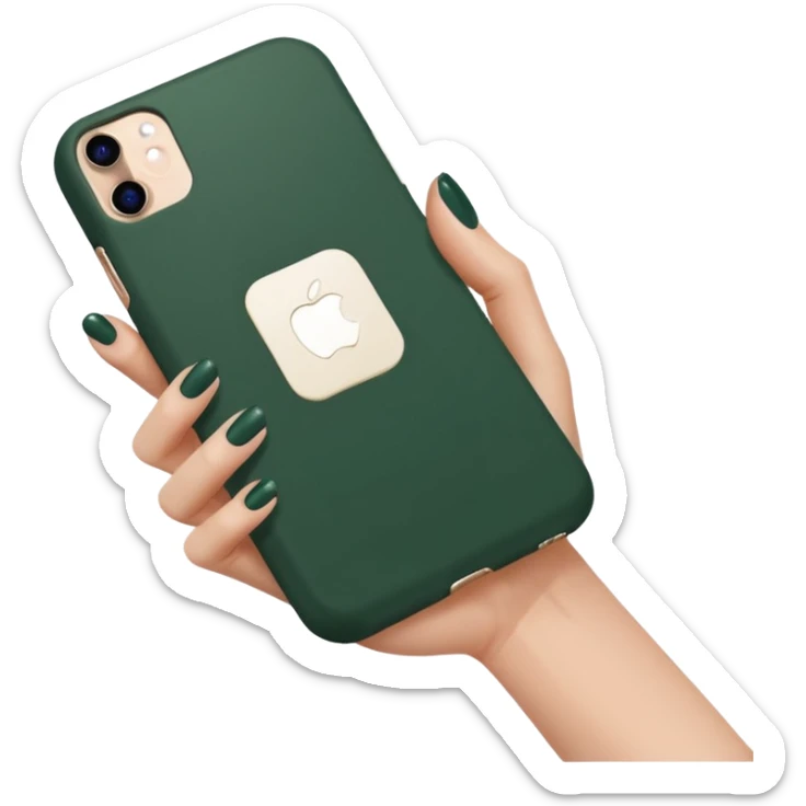 female hand with nude manicure (5 fingers) holding an iPhone in a dark green case, minimalist sticker