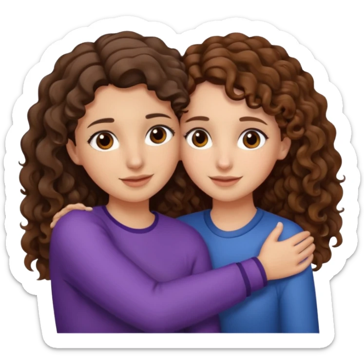 Una morena con pelo castaño y rizado y ojos marones y otra blanquita con pelo liso con las puntas onduladas y pelo castaño y ojos marrones Amigas lindas abrazándose  sticker