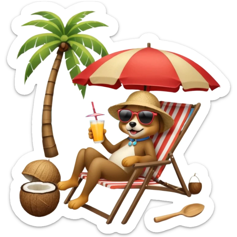 a dog laied on a beach chair, a sunny beach, a sun umbrella, and beach coconut trees. the icon should capture the essence of a relaxing beach vacation with a carefree atmosphere sticker