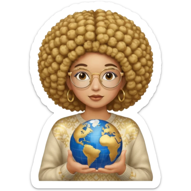a young woman wearing gold round glasses and afro hair, she has medium/mate skin, she's wearing a sweater and she's holding a globe in her hand sticker
