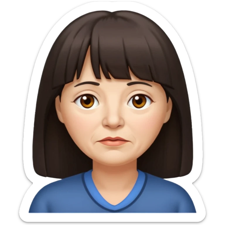 60 yr old woman, long hair down back, very small brown eyes, long hair, straight dark brown hair, bangs, chubby, long face, very tired sticker
