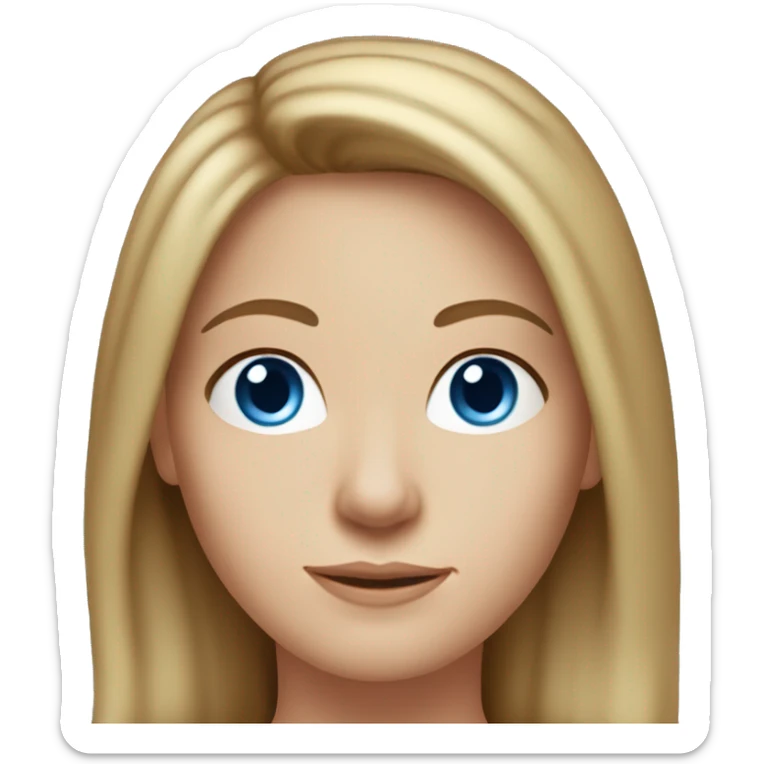 A head and shoulders shot of a 38 year old White woman, with long brown hair,   with blue eyes wearing a t-shirt. sticker