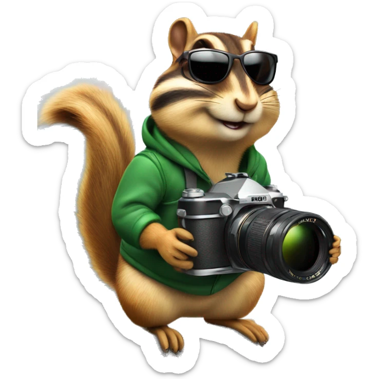 Chipmunk on top of a mountain with a camera in one hand and sunglasses on the head sticker