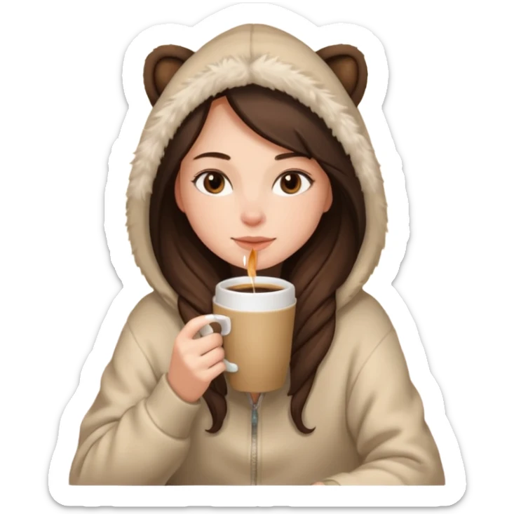 a brunette girl sitting cozily in a beige fur hoodie sipping coffee sticker