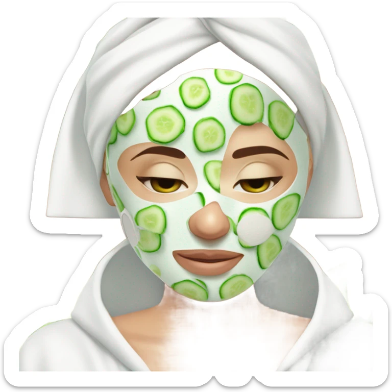 Girl with freackles Brown hair white skin and blue eyes wears Green colored texture skin care mask all over her face while She relaxes and puts two round piece of cucumber on her closed eyes In a white Robe sticker