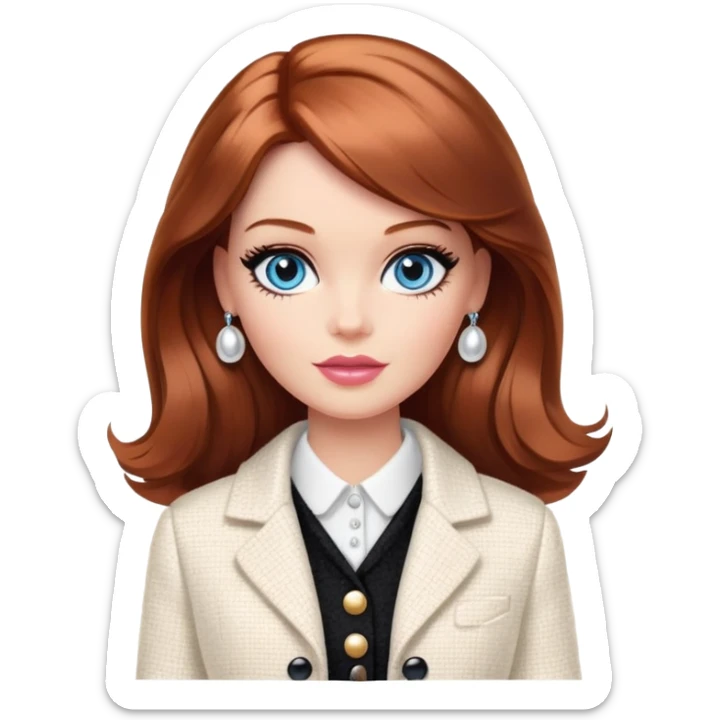 A Barbie girl with blue eyes, shoulder-length reddish-brown hair with makeup, wearing a white tweed jacket and a black skirt stands with chanel cream sticker
