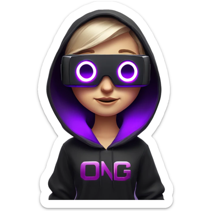 Russian girl wearing black hoody with violet letters "OMG", in vr headset oculus quest2. Standing like jedi. Cyberpunk style. Violet neon. sticker