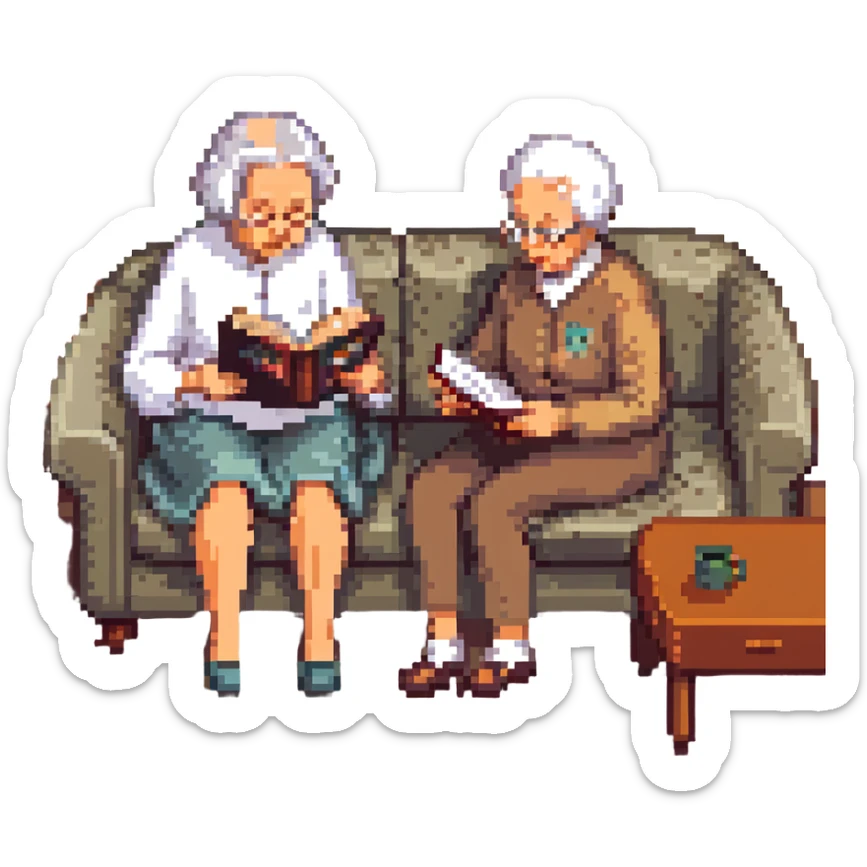 An elderly man combing the hair of an elderly woman sitting on a sofa reading a book sticker