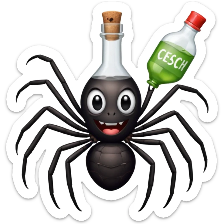 wesoły śmieszny pająk z butelka jadu i podpisem cześć sticker