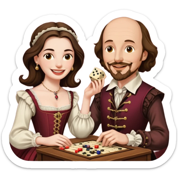 Can you make an emoji of William Shakespeare and Anne Hathaway (his wife-1582) playing Yahtzee  sticker