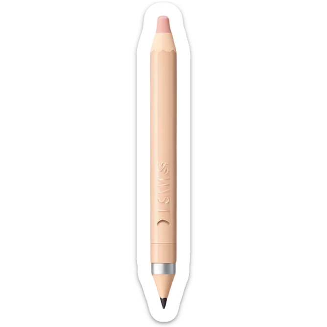 3D emoji-style lip pencil in nude beige color, labeled ‘Miss Tais 765’, with a sleek minimalist design. Pencil tip exposed, soft shadows, glossy plastic body, pastel background. Apple-style emoji aesthetic, clean and modern sticker