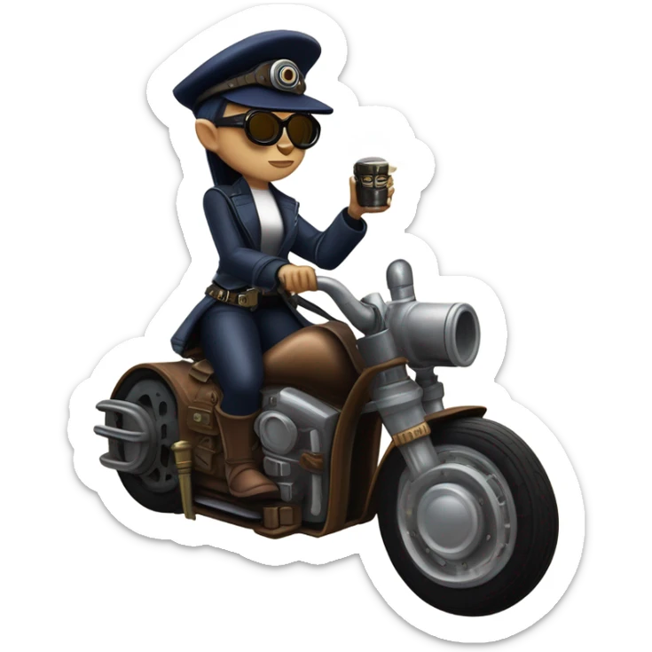 Bounty hunter Wednesday Addams Jedi wearing a pair of navy-blue rimmed steampunk goggles, hat, leather chaps, fringe jacket riding a relaxed sci-fi 3 wheeled steampunk rat rod motorcycle with large fenders and saddlebags in desert town  sticker