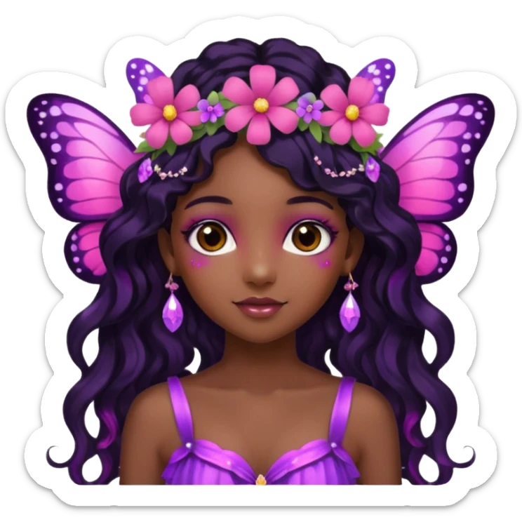 Black girl fairy with long wavy black hair, pink and purplered butterfly wings sparkly sticker