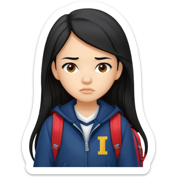 college student with annoyed face , black hair , with navy varsity jacket( initial I) and backpack , girl, long hair,  sticker