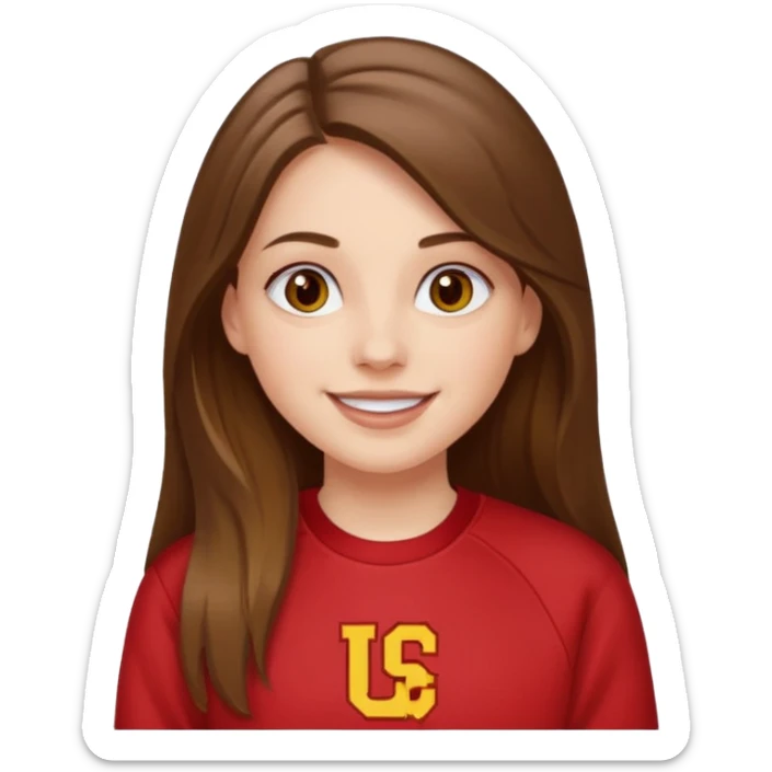 happy white long brunette hair girl with hazel eyes and in red USC sweatshirt sticker