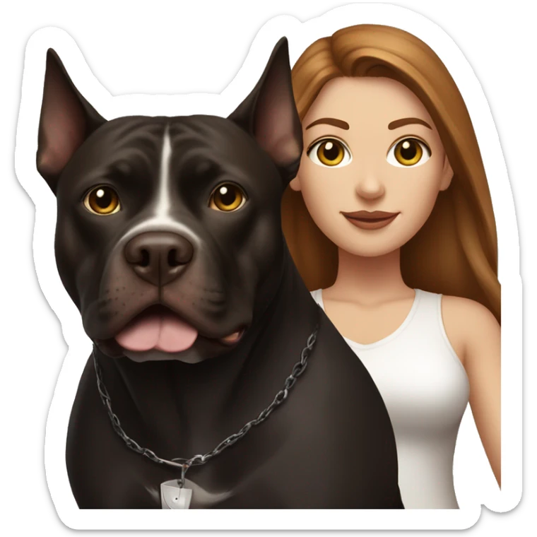 white woman with long brown hair and cat shaped eyes standing alongside a black pitbull  sticker