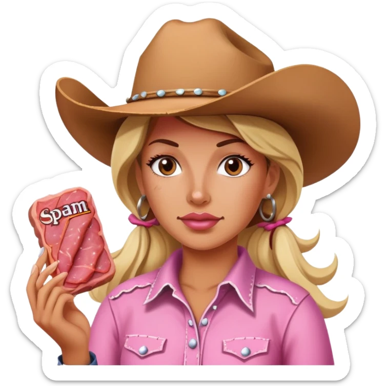 pink cowgirl painting a SPAM meat portrait landscape  sticker
