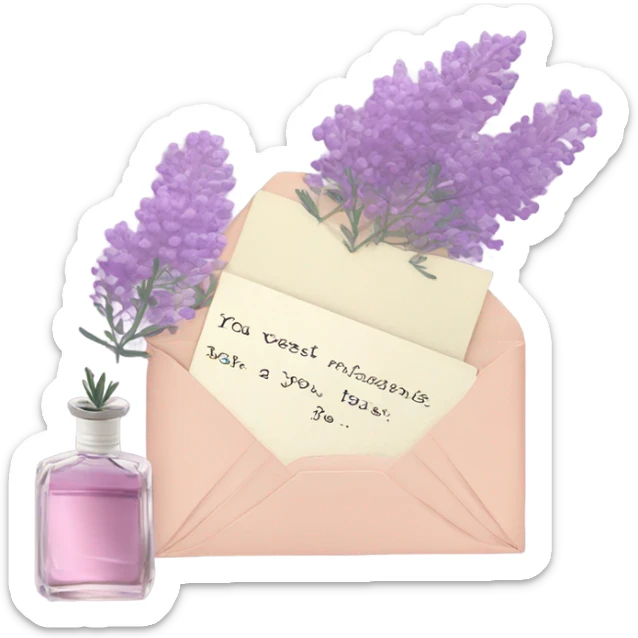 Aesthetic still life of soft violet mimosa flowers, a vintage-style pink perfume bottle, and a lavender love note delicately placed in an envelope.
 sticker