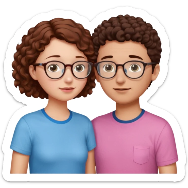 a couple where de girl has short, redish brown hair, pink shirt and the boy has short curly dark brown hair, has glasses and has light blue shirt. they are facing each other and their noses touch sticker