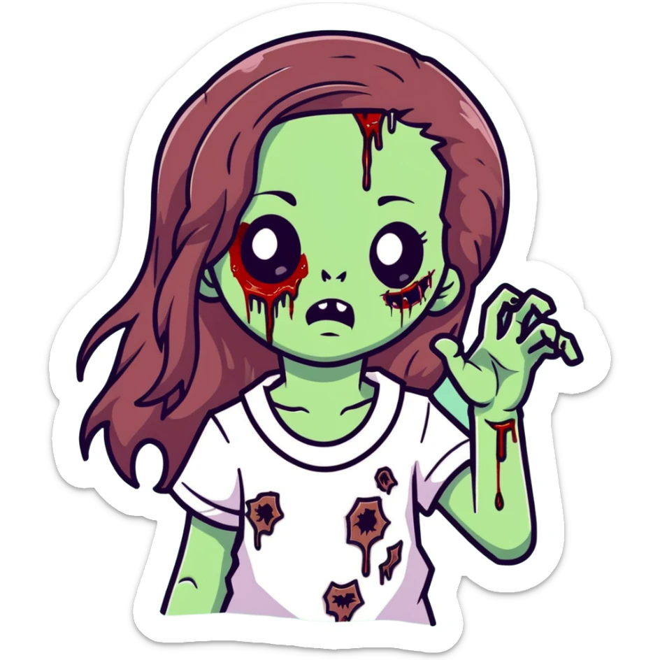 Girl zombie with long flowing brown hair, decaying pale green skin, and creepy undead expression sticker