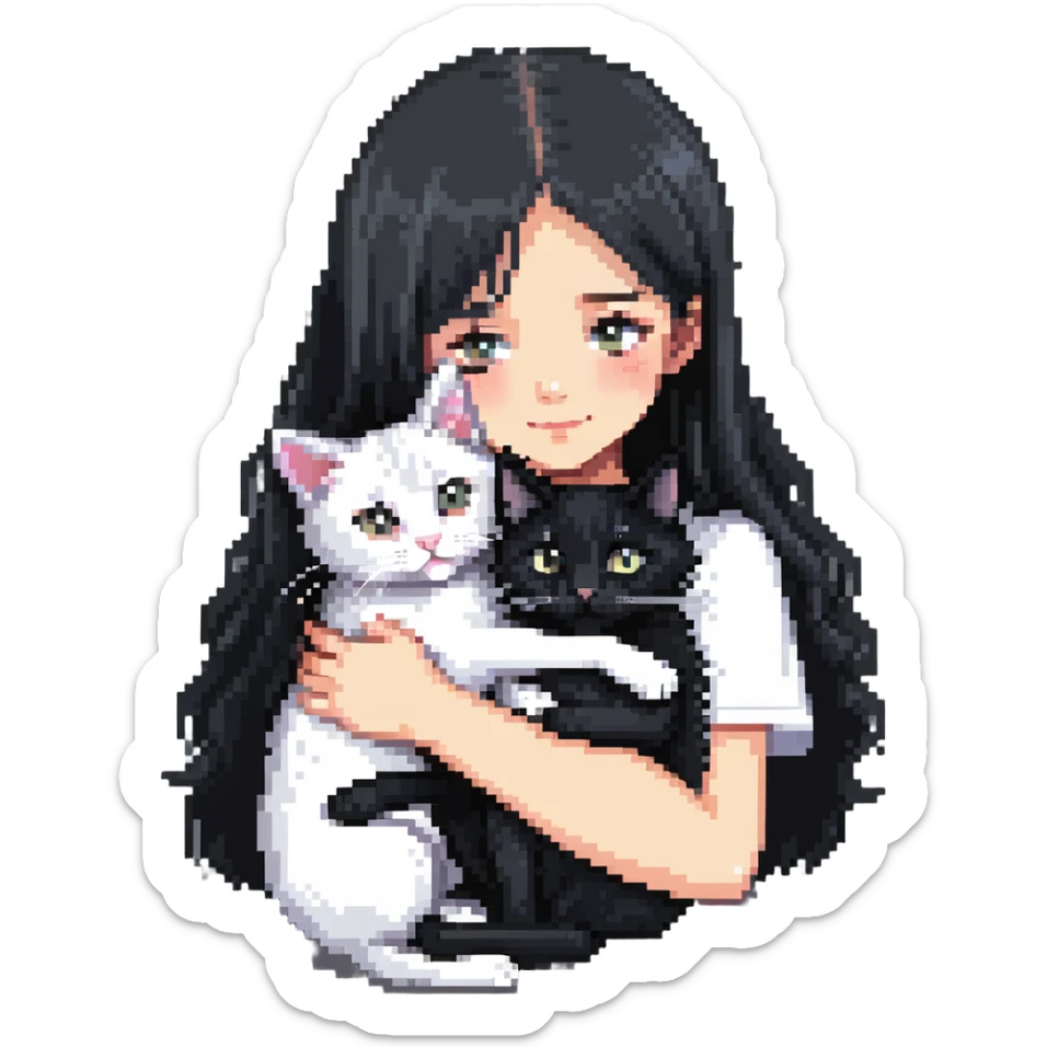 Beautiful girl with long black hair hugs a gray and blond mixed breed cat sticker