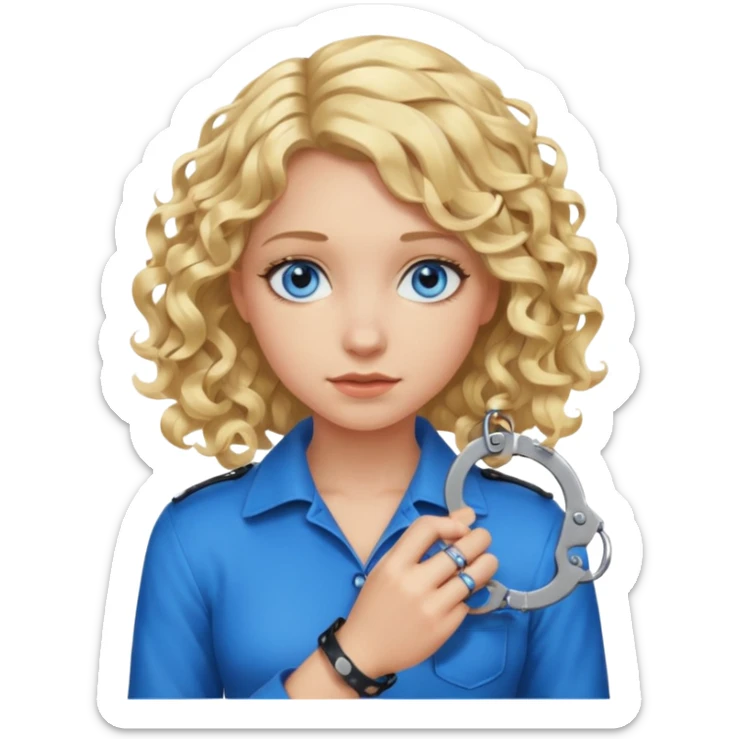 A girl with blond hair that curls at the end shoulder length and blue eyes who is breaking handcuffs sticker