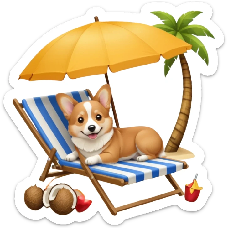 a corgi dog laied on a beach chair, a sunny beach, a sun umbrella, and beach coconut trees. the icon should capture the essence of a relaxing beach vacation with a carefree atmosphere sticker