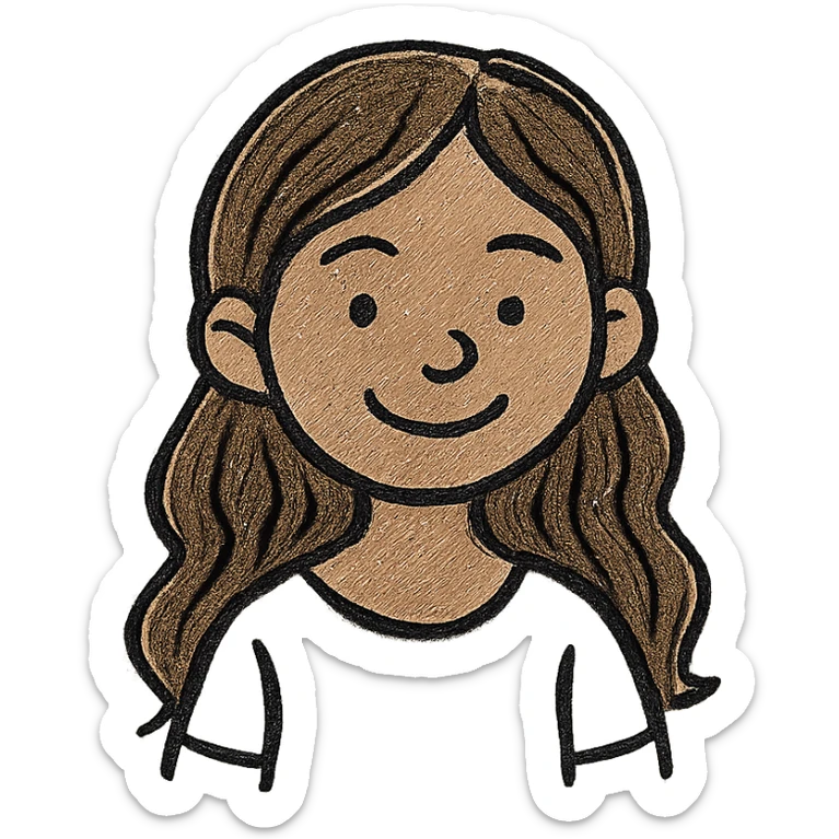 young girl, light brown skin, long brown wavy hair, white top, smiling, simple clean icon style sticker