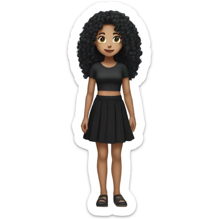 Tan girl with black long curly hair black skirt full body sticker