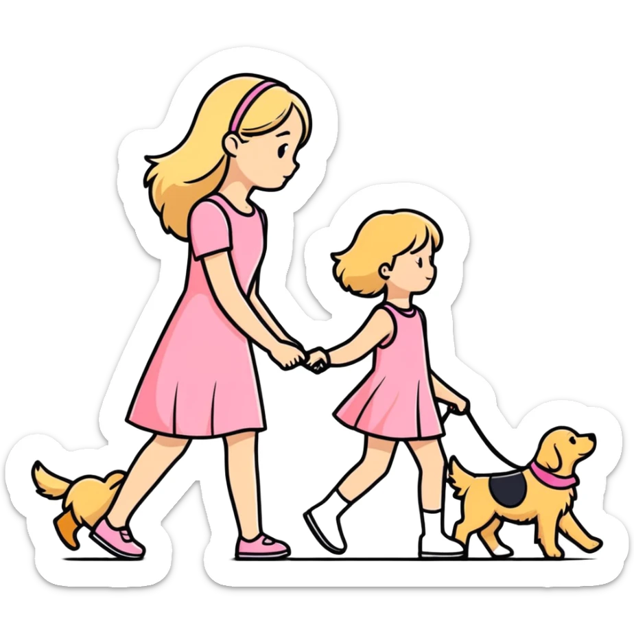 Garota loira fofa usando um vestido rosa passeando com um Golden Retriever  sticker