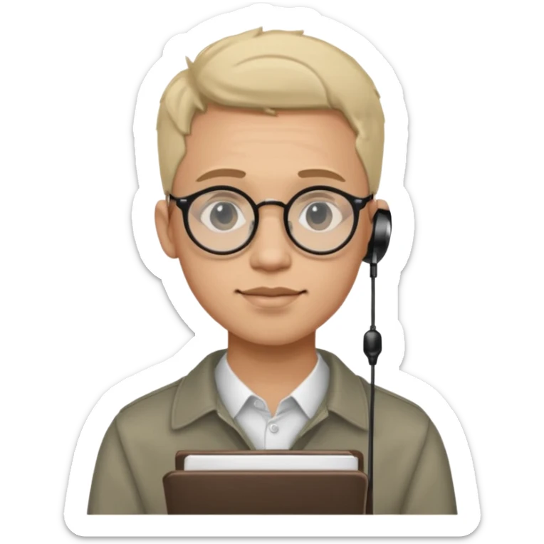 A man in his 20s wearing an apnotebook, wearing radio earrings, round glasses, achromatic clothes sticker