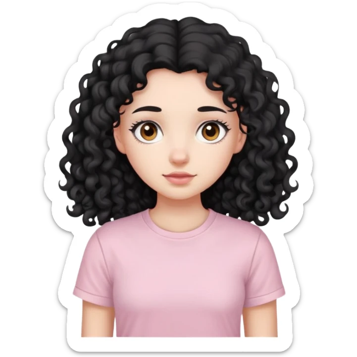 Menina de pele branca, com olhos castanhos, cabelo longo cacheado preto, vestida uma camiseta da cor rosa clara e sem nem uma estapa  sticker