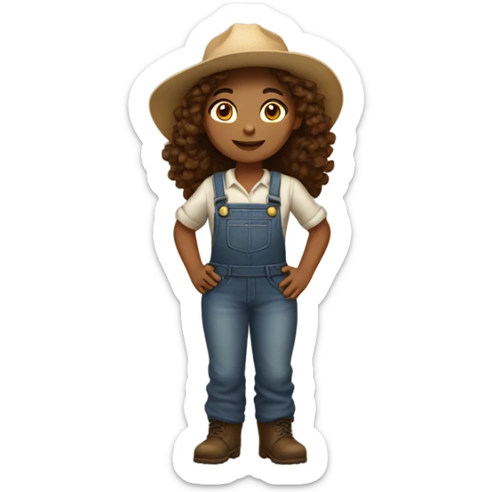 full body farmer girl standing, medium skin tone, brown curly hair, dark eyes sticker