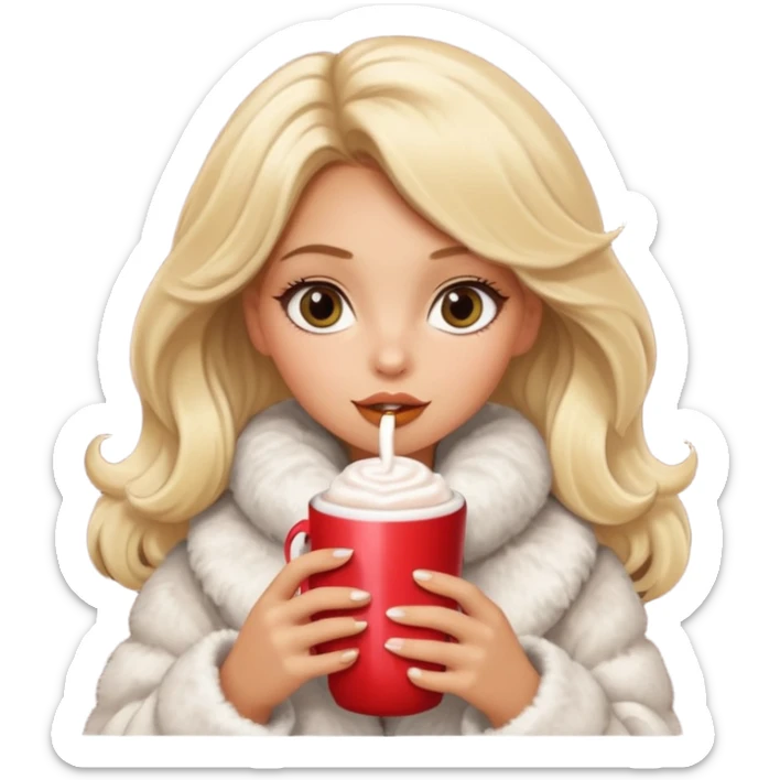 Tanned Girl with lashes , blonde hair, in an extremely big fluffy oversized coat and hold hot chocolate drink and big eyes, big lip sticker
