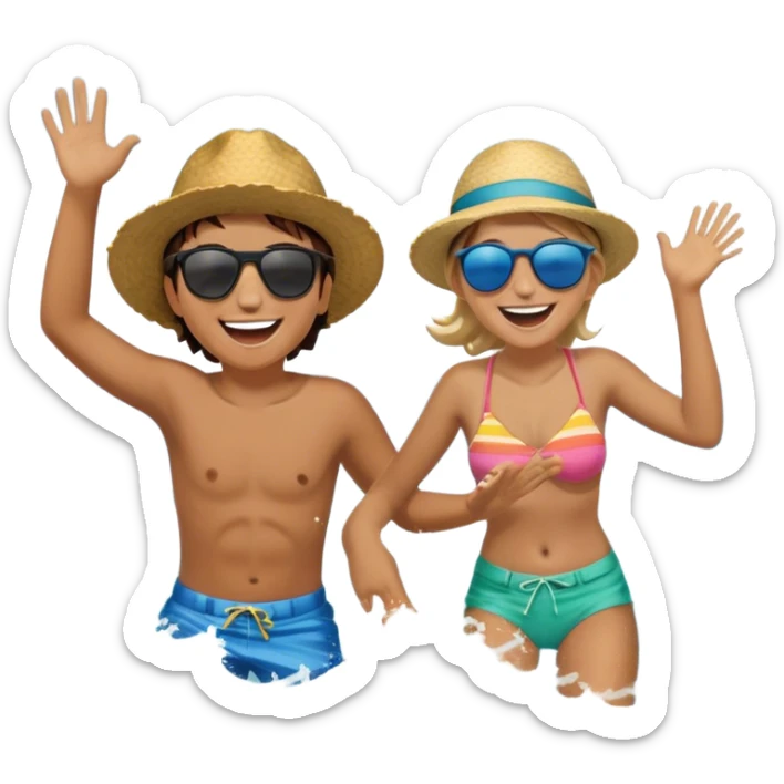 A person splashing in the ocean, laughing with a warm friend beside them. They’re playfully pretending to be explorers, fully immersed in the fun. The sun glows above, and the waves crash around them, symbolizing the joy of being present, creating fun, and appreciating the moment with the people  sticker