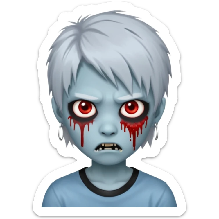  3D emoji-style avatar with very pale blue-grey zombie skin , a young Asian face, and large eyes with blood tears. Give it white litle bit messy mullet hair style , silver hoop earrings, and a plain black T-shirt. The face expression should be slightly angry, with vampire fang sticker