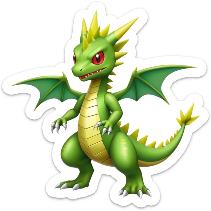 Cool cute shiny futuristic Flygon-Tyranitar-Digimon-hybrid-fusion, yellow belly, full body sticker